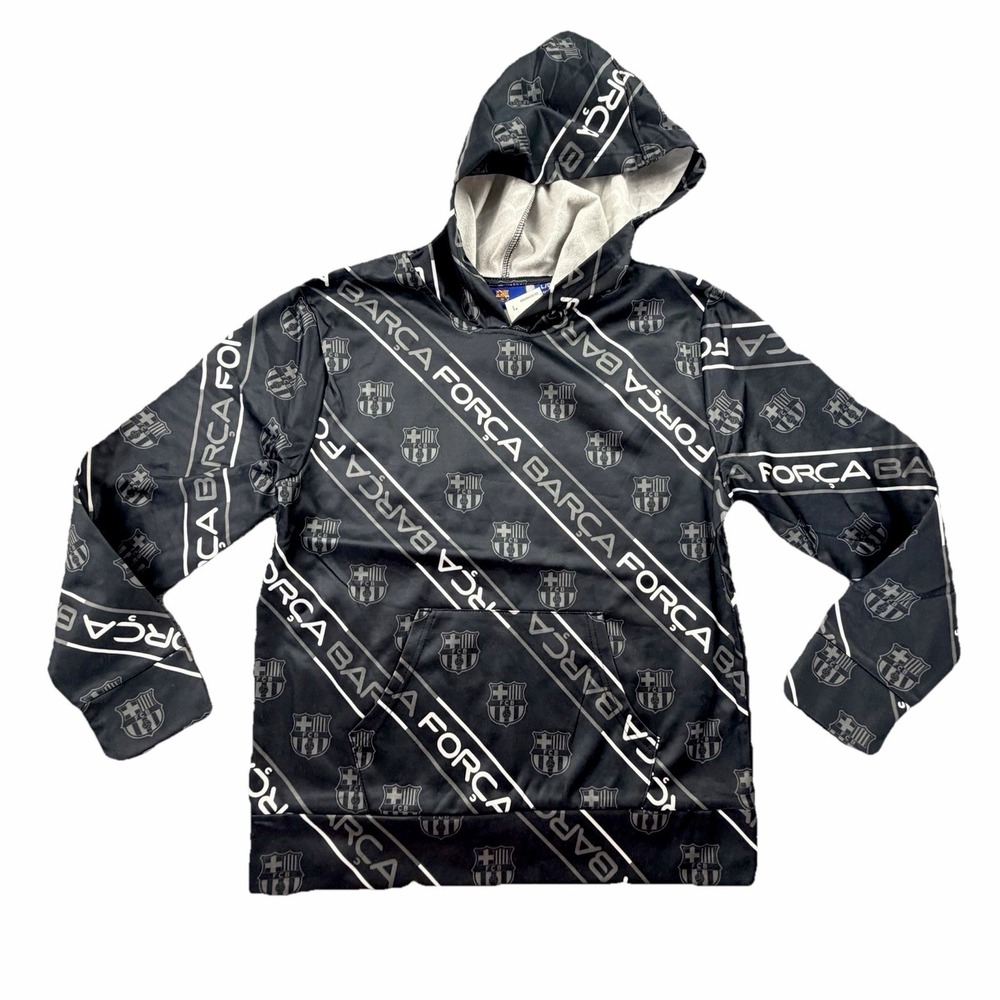 FC Barcelona Hoodie Youth Large Black Forca Barca‎ AOP Soccer Sweatshirt NWT